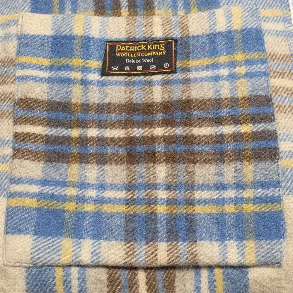 Patrick Kins Woollen Company Deluxe‎ Wool Plaid Scarf Fringe Dual Pocket on Ends